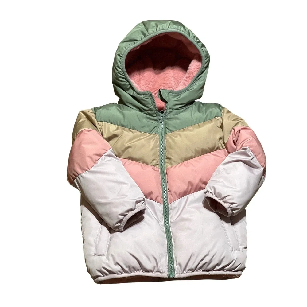 Swiss Tech Kids Girls 4T Puffer Jacket Pink Green Tan Lined Hooded Winter Coat‎